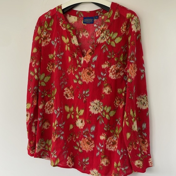 Pendleton Red Floral 100% Cotton Roll Tab Sleeve Blouse Top Cottagecore Medium - Picture 5 of 14